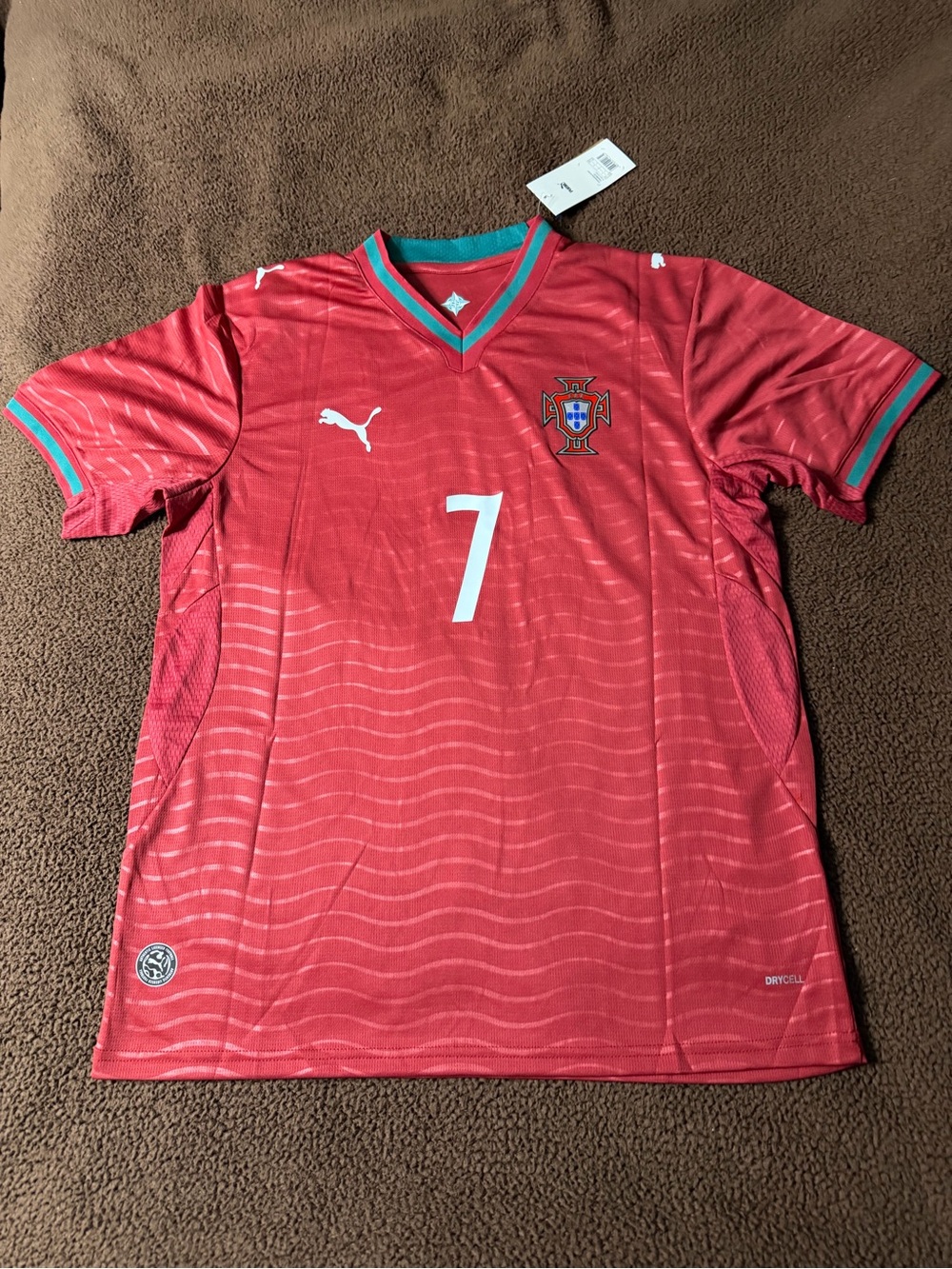 Puma Red Portugal Soccer Jersey with Green Trim - No.7